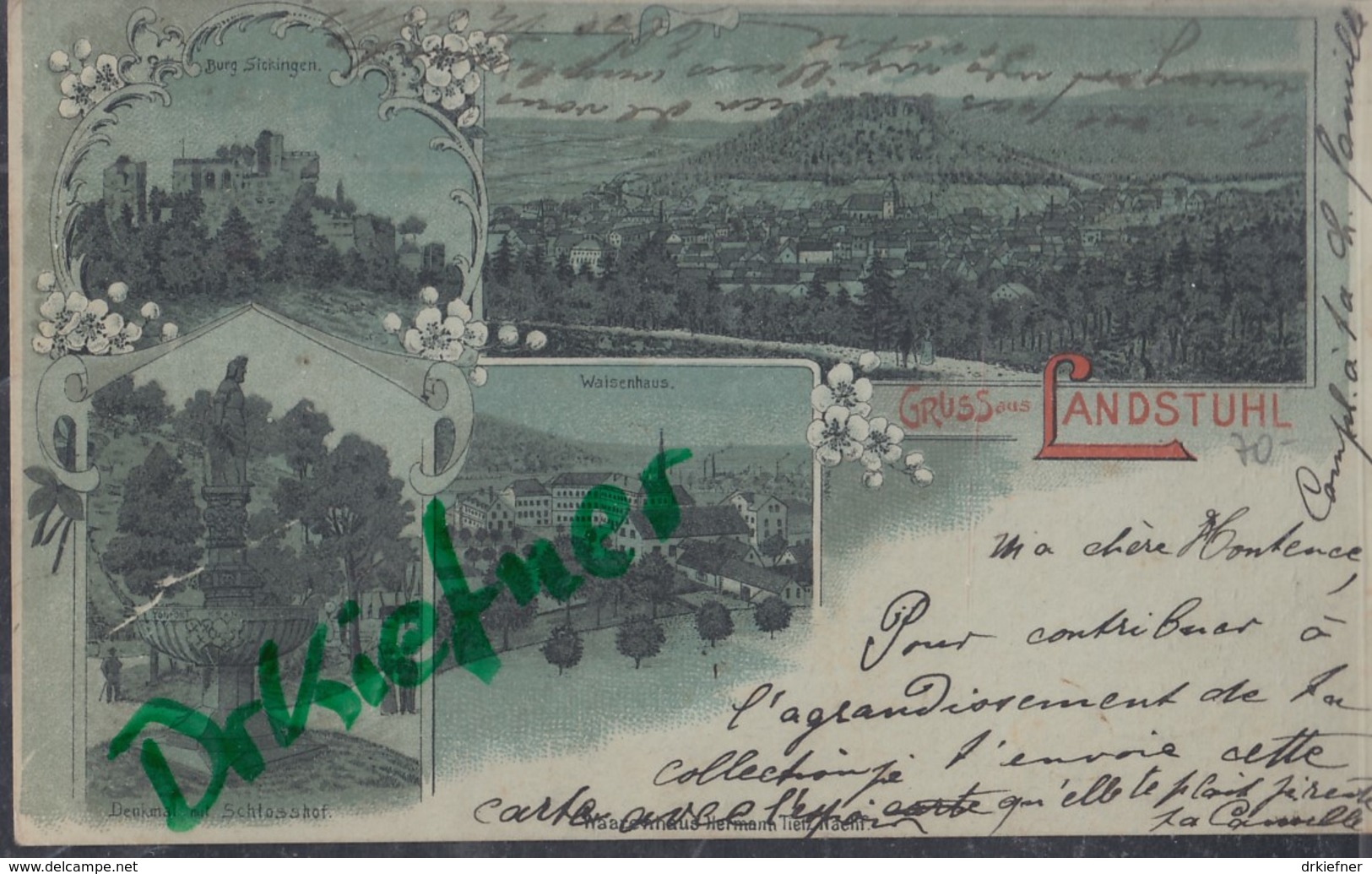 LITHOGRAPHIE: Gruss Aus LANDSTUHL, Pfalz, Mondscheinkarte, Um 1899, Ortsansicht, Burg Sickingen, Denkmal , Waisenhaus - Landstuhl