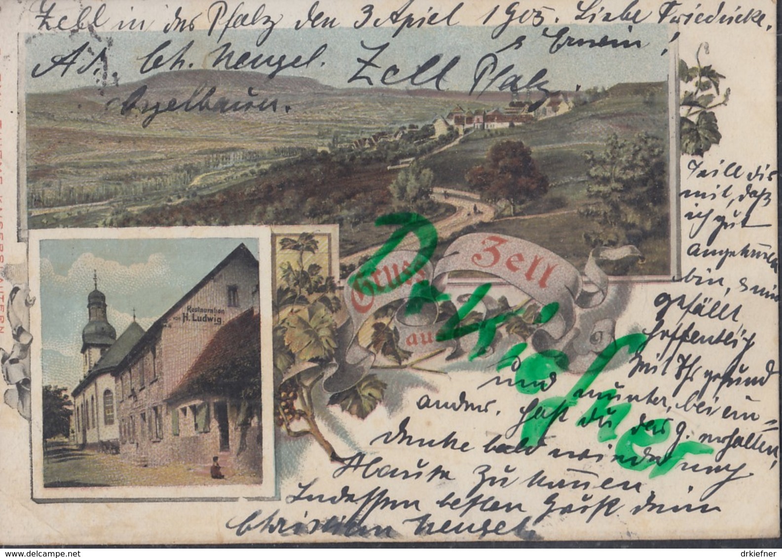 LITHOGRAPHIE: Gruss Aus Zell, Pfalz, Um 1903,  Ortsansicht, Kirche, Restaurant Von H. Ludwig - Zell