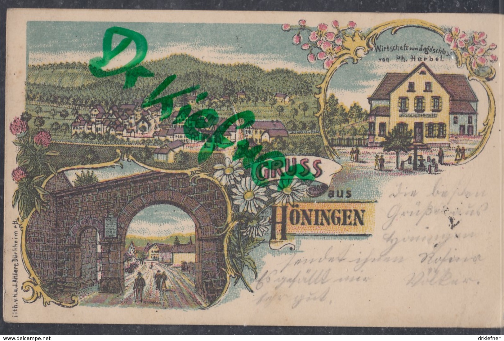 LITHOGRAPHIE; Gruss Aus HÖNINGEN, Pfalz, Um 1903, Ortsansicht, Wirtschaft Und Jagdschloss, Tor, Posthilfsstelle-Stempel - Bad Duerkheim