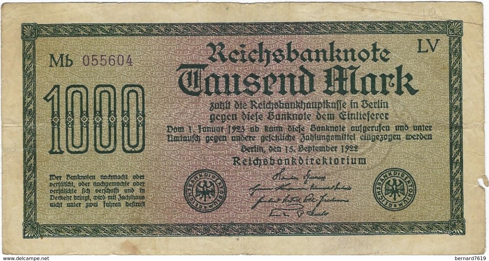 Billet De Banque Allemagne   Reichsbanknote 1000  Berlinseptembre 1922 - 1000 Mark