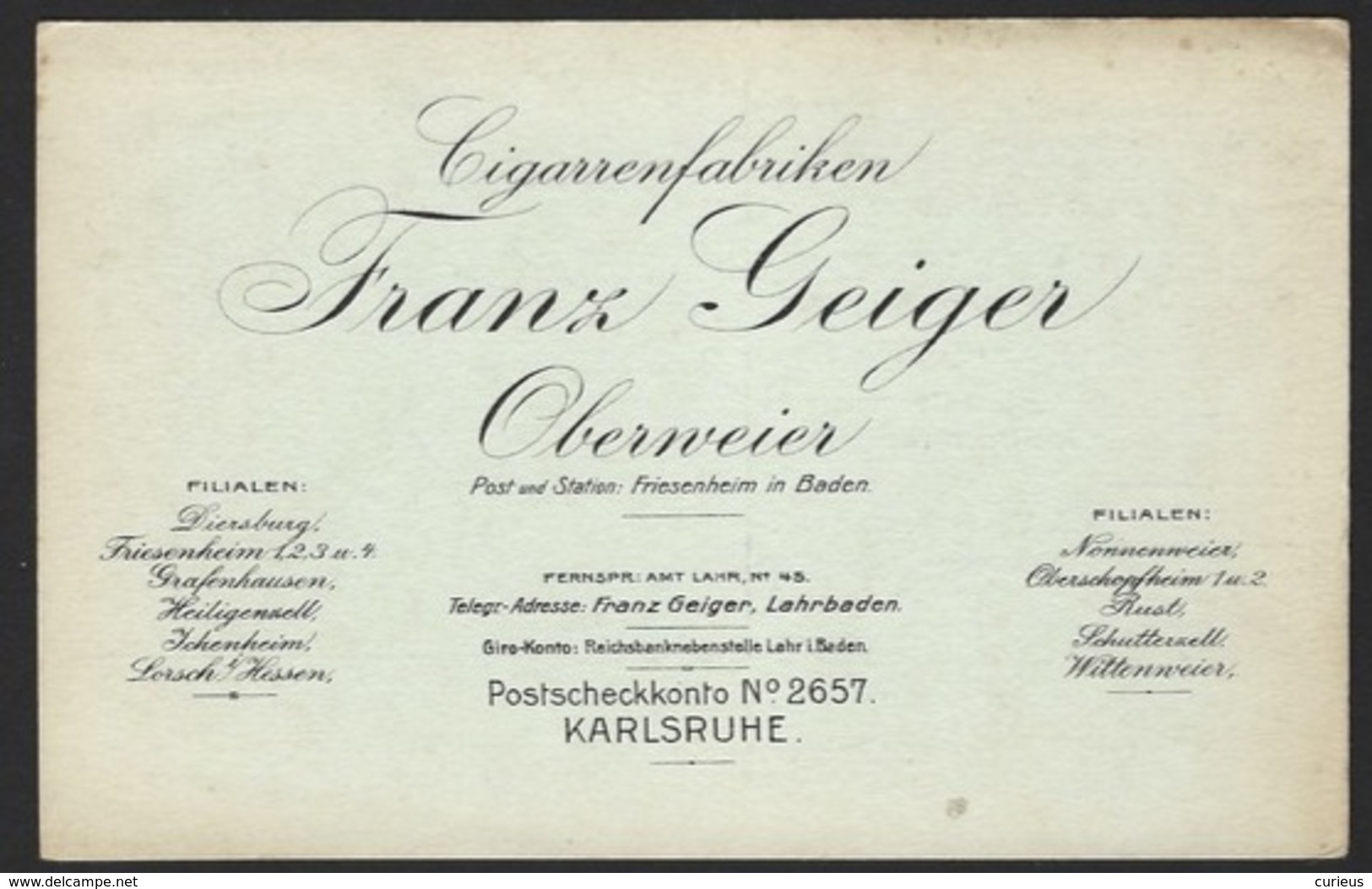 CIGARENFABRIKEN * FRANZ GEIGER * OBERWEIER * 1914 * 2 SCANS - Werbepostkarten