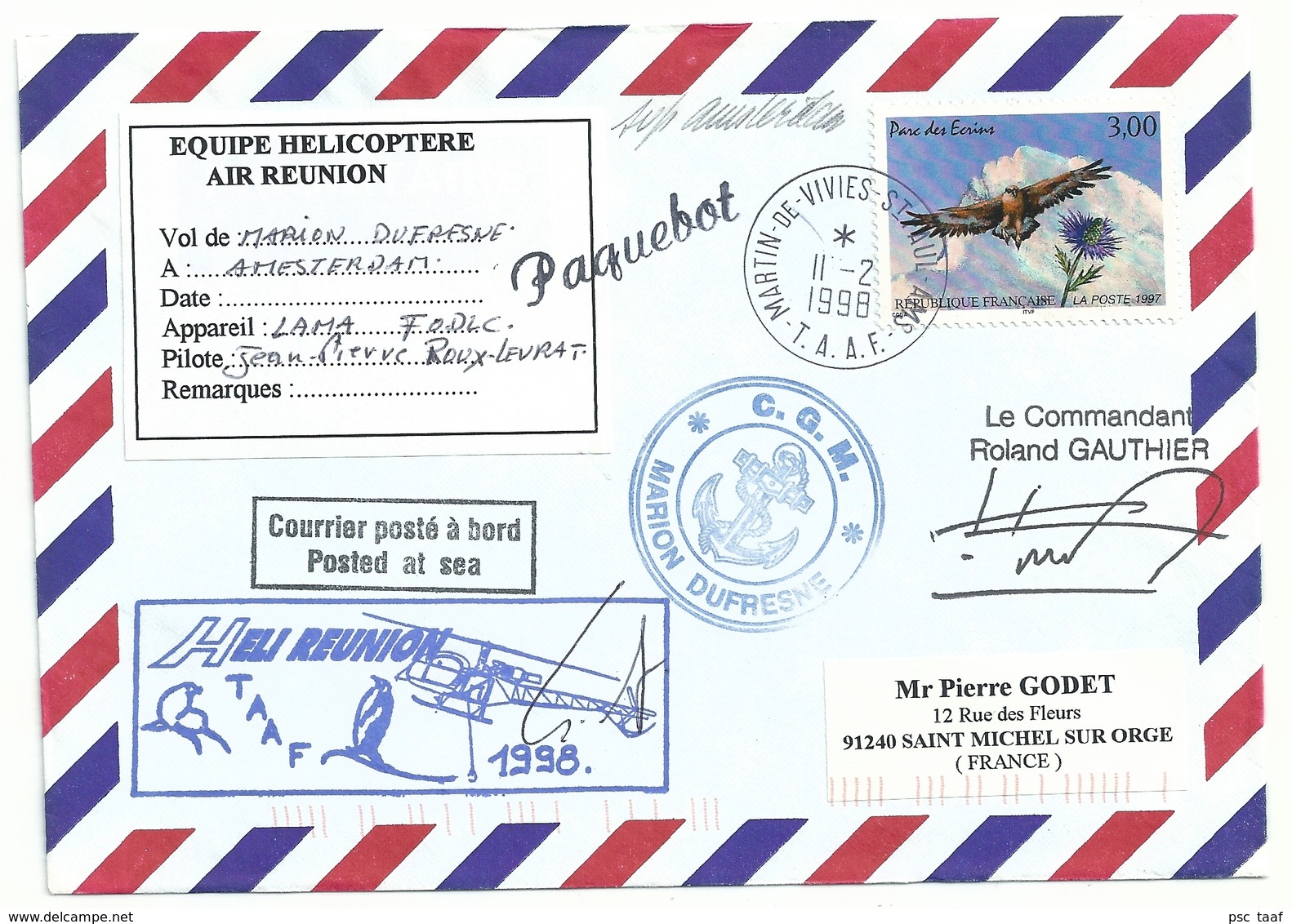 YT 3054 Aigle Royal - Posté à Bord Du MD - Hélicoptère Air Réunion - Martin De Viviès - St Paul Amsterdam - 11/02/1998 - Storia Postale