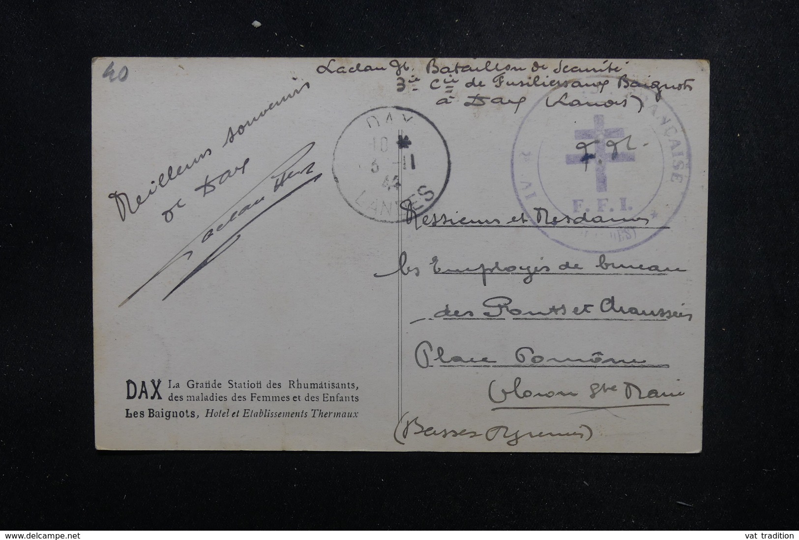 FRANCE - Cachet FFI Sur Carte Postale En FM De Dax Pour Oloron Ste Marie En 1944 - L 52115 - Guerra Del 1939-45