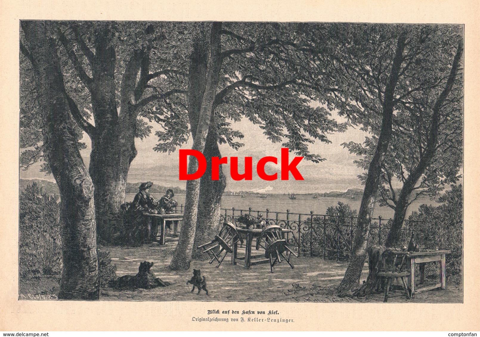 1703 Keller-Lenzinger Kiel Hafen Gaststätte Hunde Druck 1885 !! - Estampas & Grabados