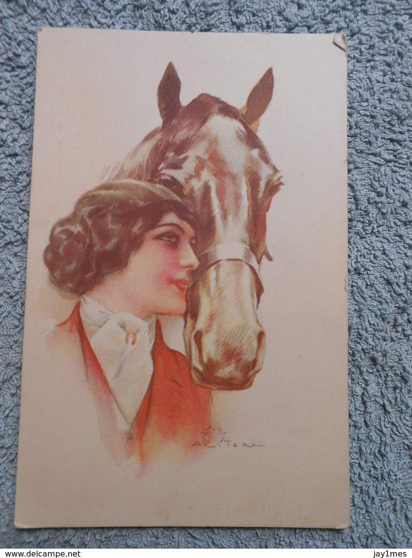 Cpa Illustrateur  Signé Femme Frau Lady Cheval Horse - Sonstige & Ohne Zuordnung