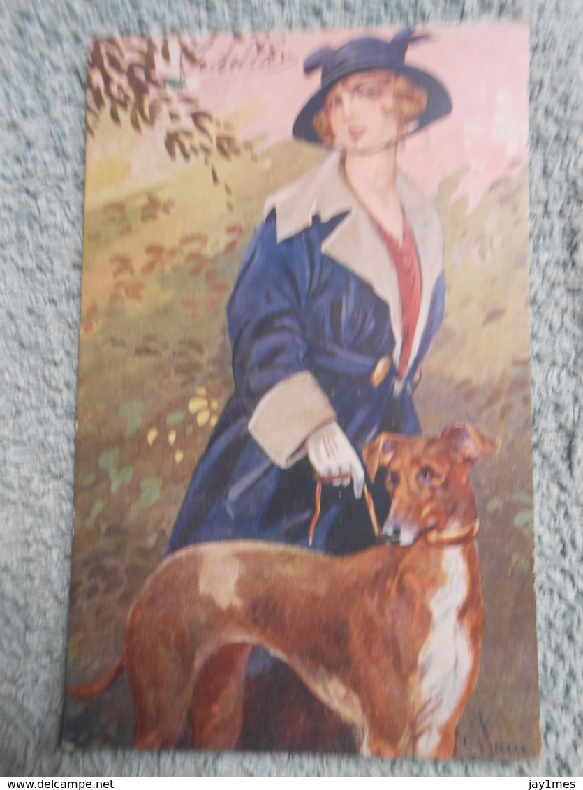 Cpa Illustrateur  Signé Femme Frau Lady Chien Dog - Sonstige & Ohne Zuordnung