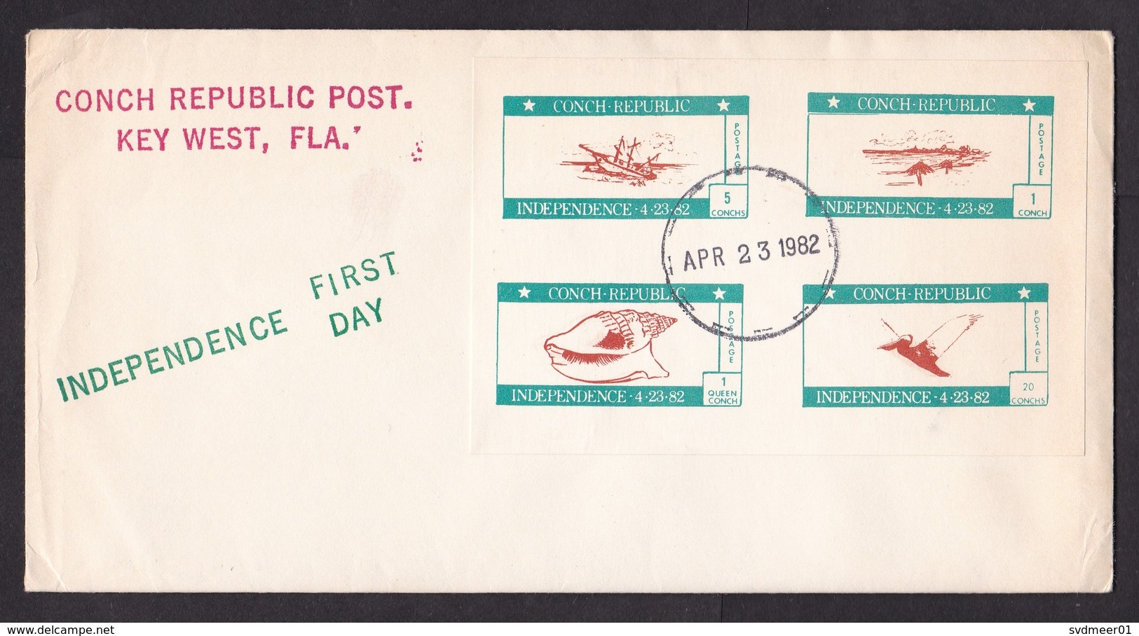 Cover Of Fake Country Conch Republic, 1982, 4x Imperforated Cinderella Stamp, Shell, Bird, Shipwreck (discolouring) - Sonstige & Ohne Zuordnung