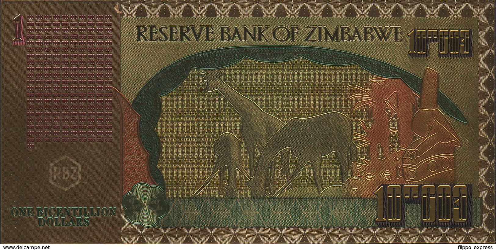 Zimbabwe, 1 Bicentillion Dollars, 24K Gold-Plated Banknote. - Zimbabwe