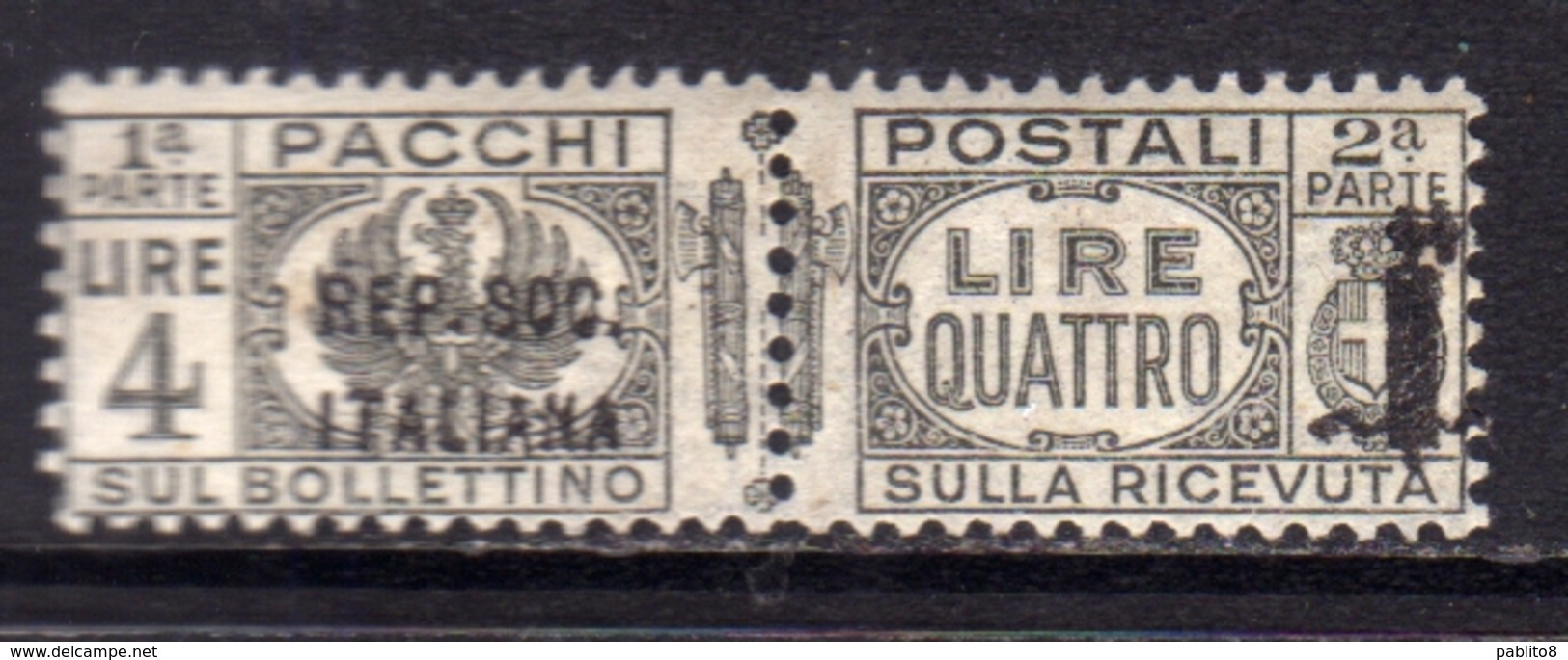 ITALIA REGNO ITALY 1944 VARIETÀ RSI REPUBBLICA SOCIALE ITALIANA PACCHI POSTALI PARCEL POST FASCIO LIRE 4 MNH FIRMATO - Postpaketten