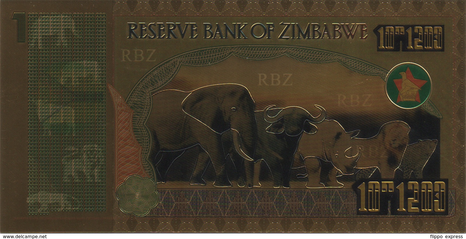 Zimbabwe, 1 Quadringentillion Dollars, 24K Gold-Plated Banknote. - Zimbabwe