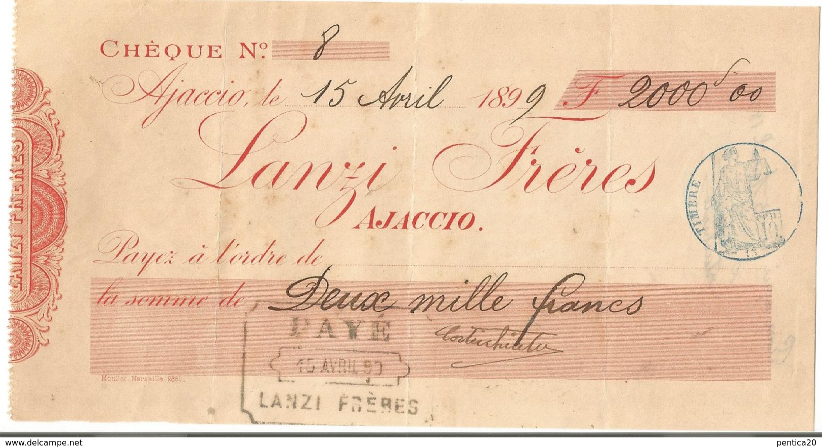 CORSE Chèque De Banque LANZI FRERES AJACCIO 1899 - Chèques & Chèques De Voyage