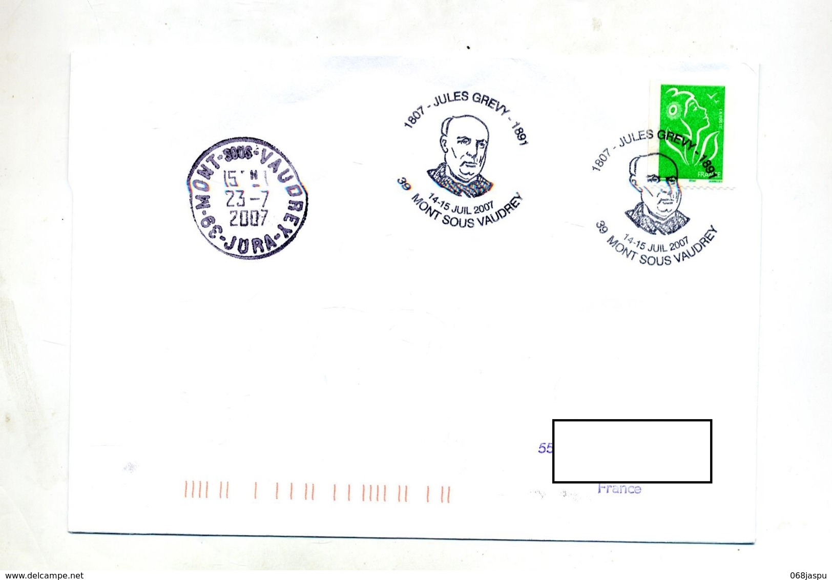 Lettre Cachet Mont Sous Vaudrey Jura Jules Grevy - Bolli Commemorativi