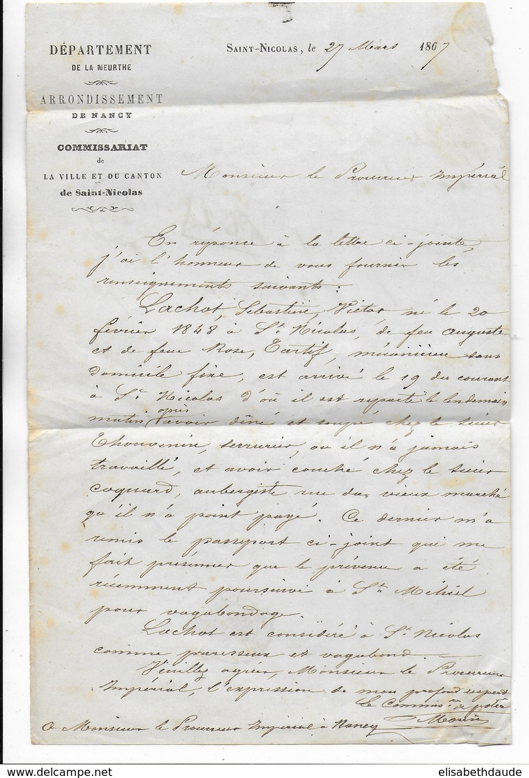 1867 - LETTRE En FRANCHISE Du COMMISSARIAT De ST NICOLAS - MARQUE VERIFICATION "Vu N°1" ! +T15 NANCY MEUTHE ET MOSELLE - Lettres Civiles En Franchise