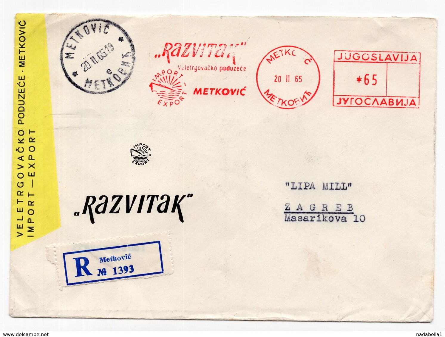 1965 YUGOSLAVIA, CROATIA, METKOVIC TO ZAGREB, REGISTERED COVER, RAZVITAK, COMPANY'S HEAD COVER - Covers & Documents