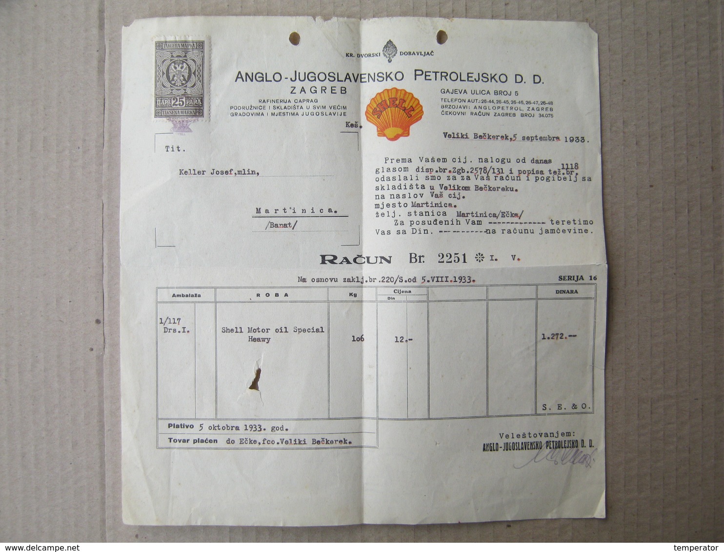 Shell - Oil Company, 1933. / ANGLO-JUGOSLAVENSKO PETROLEJSKO D.D. - Account For Shell Motor Oil Special Heawy - Covers & Documents