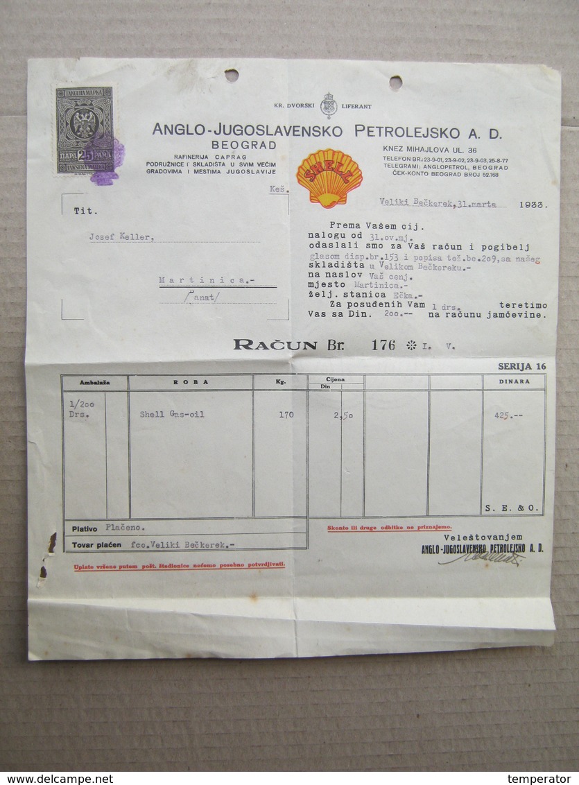 Shell - Oil Company, 1933. / ANGLO-JUGOSLAVENSKO PETROLEJSKO D.D. - Account For Shell Gas-Oil - Cartas & Documentos