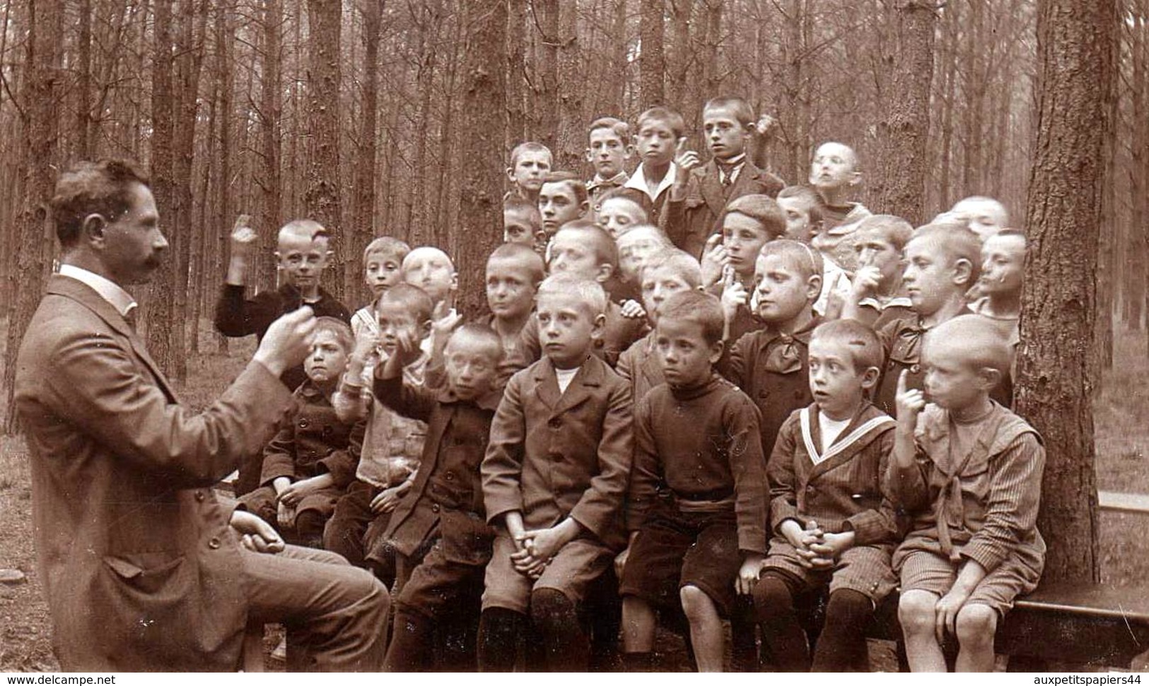 Carte Photo Originale Scolaire Groupe D'écoliers En Forêt - Interrogation Orale, On Lève De Doigt Vers 1910/20 - Personnes Anonymes