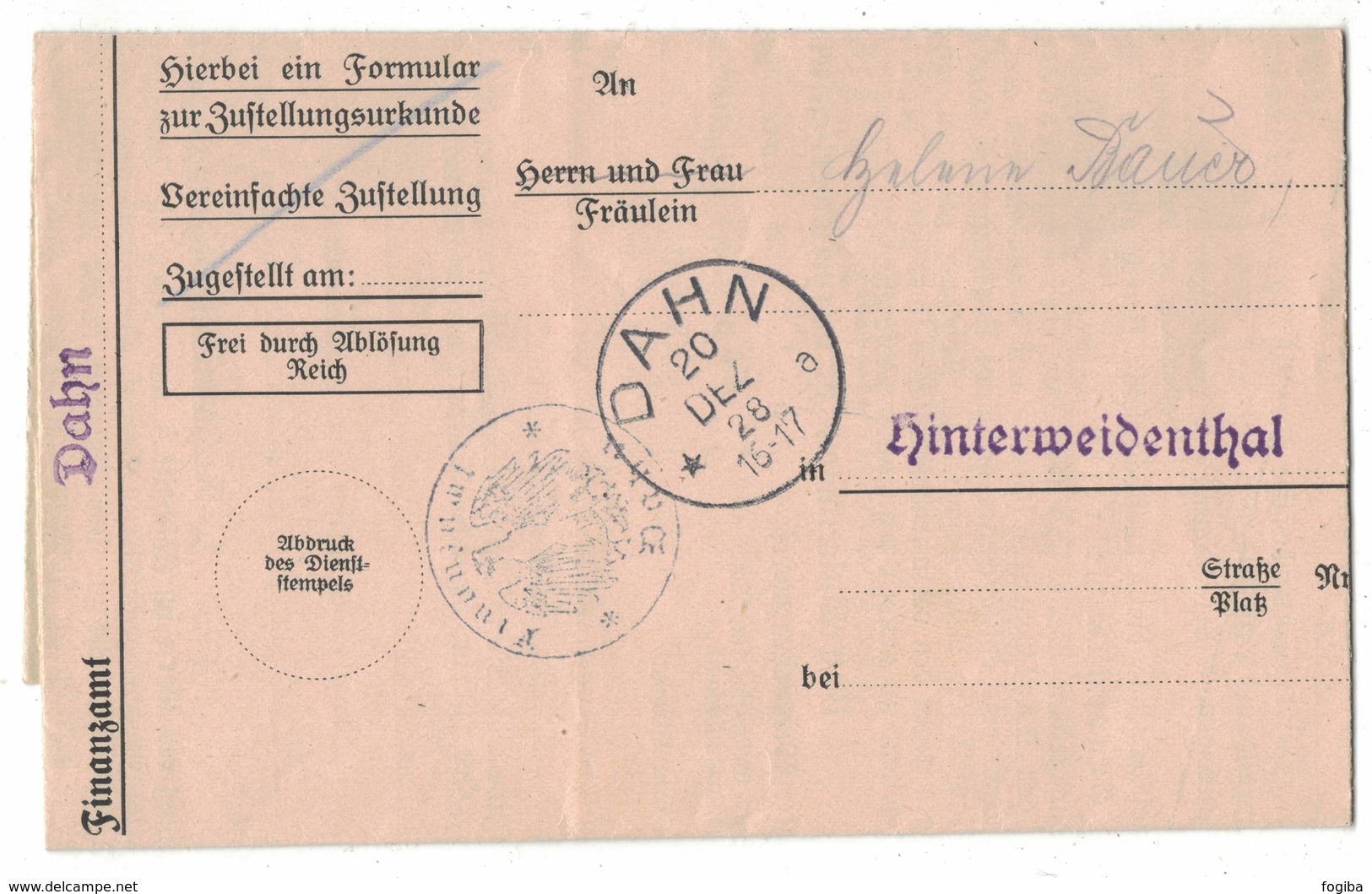 IZ79   DAHN 1928 , Finanzamt - Storia Postale
