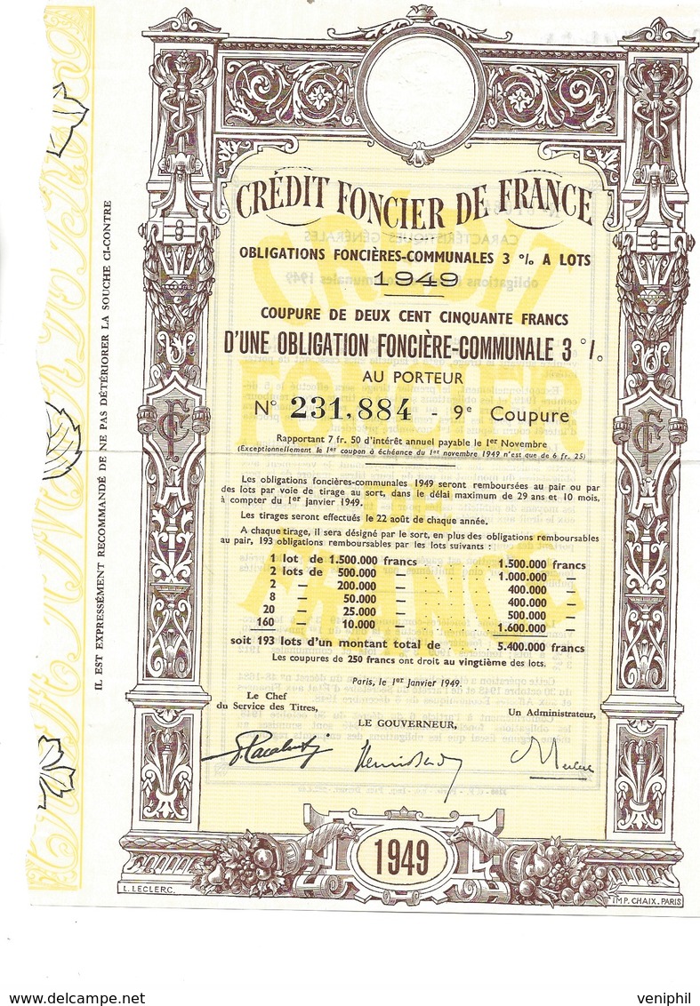 OBLIGATION FONCIERE COMMUNAL 3% - CREDIT FONCIER DE FRANCE -ANNEE 1949 - Bank En Verzekering