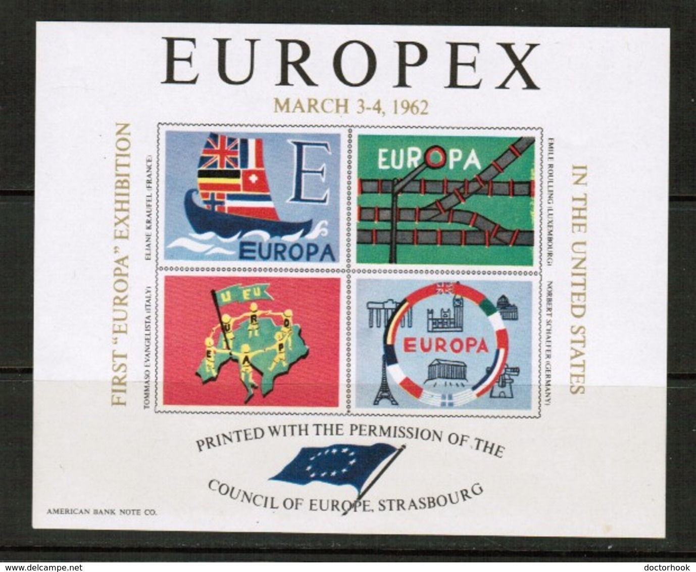 U.S.A.  Scott # UNLISTED** VF MINT NH EUROPEX '62 Souvenir Sheet (SS-537) - Cartes Souvenir