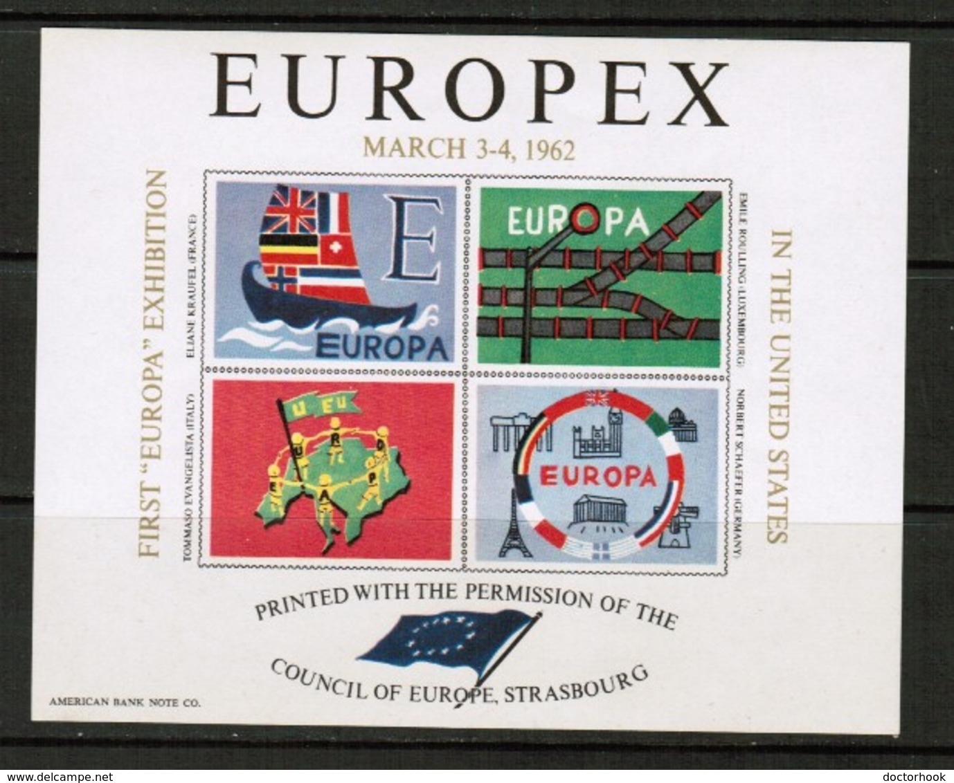 U.S.A.  Scott # UNLISTED** VF MINT NH EUROPEX '62 Souvenir Sheet (SS-538) - Cartes Souvenir