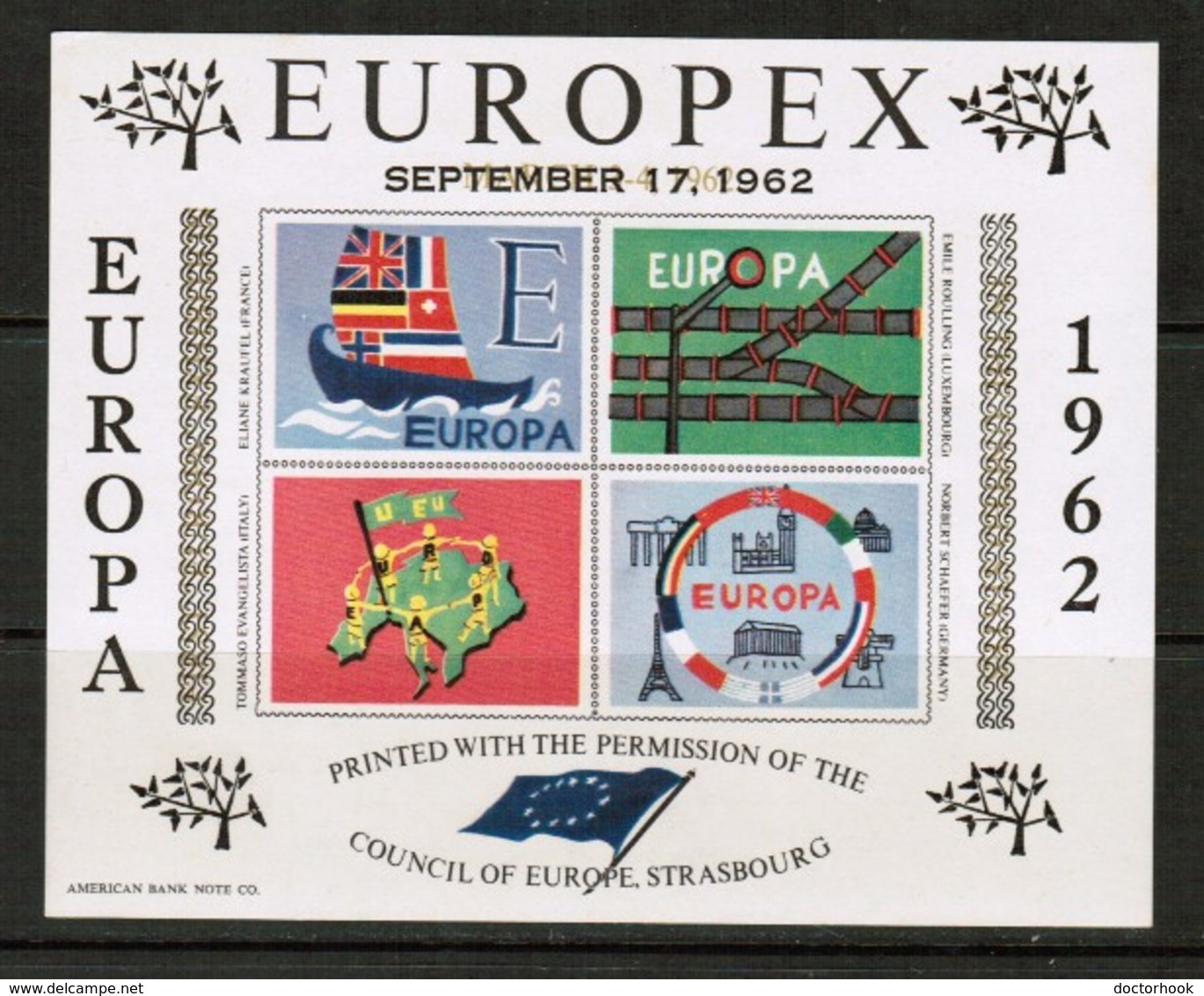 U.S.A.  Scott # UNLISTED** VF MINT NH EUROPEX '62 OVERPRINTED Souvenir Sheet (SS-539) - Cartes Souvenir