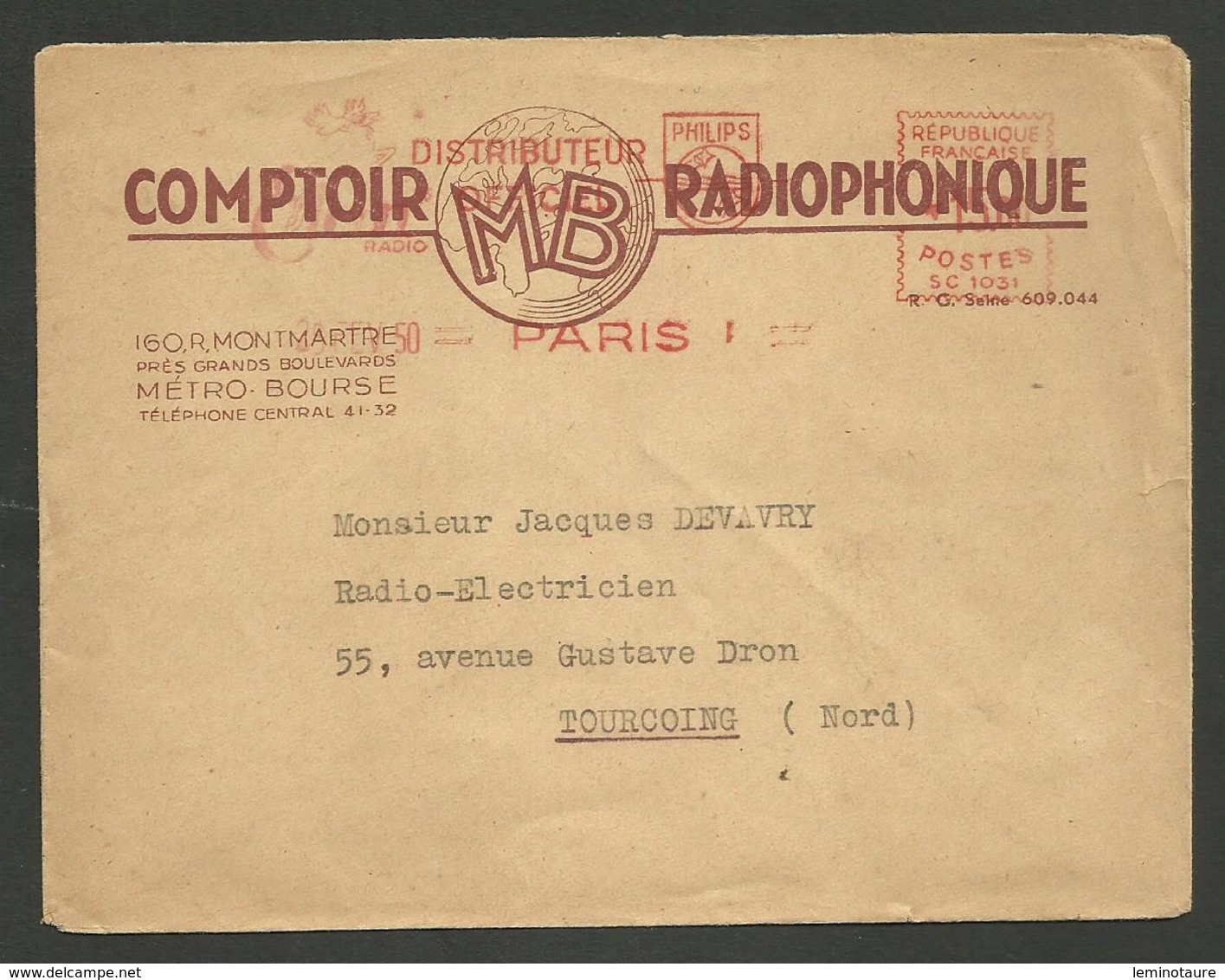 Comptoir MB Radiophonique - Philips / PARIS 1950 / Machine SC 1031 - EMA (Empreintes Machines à Affranchir)