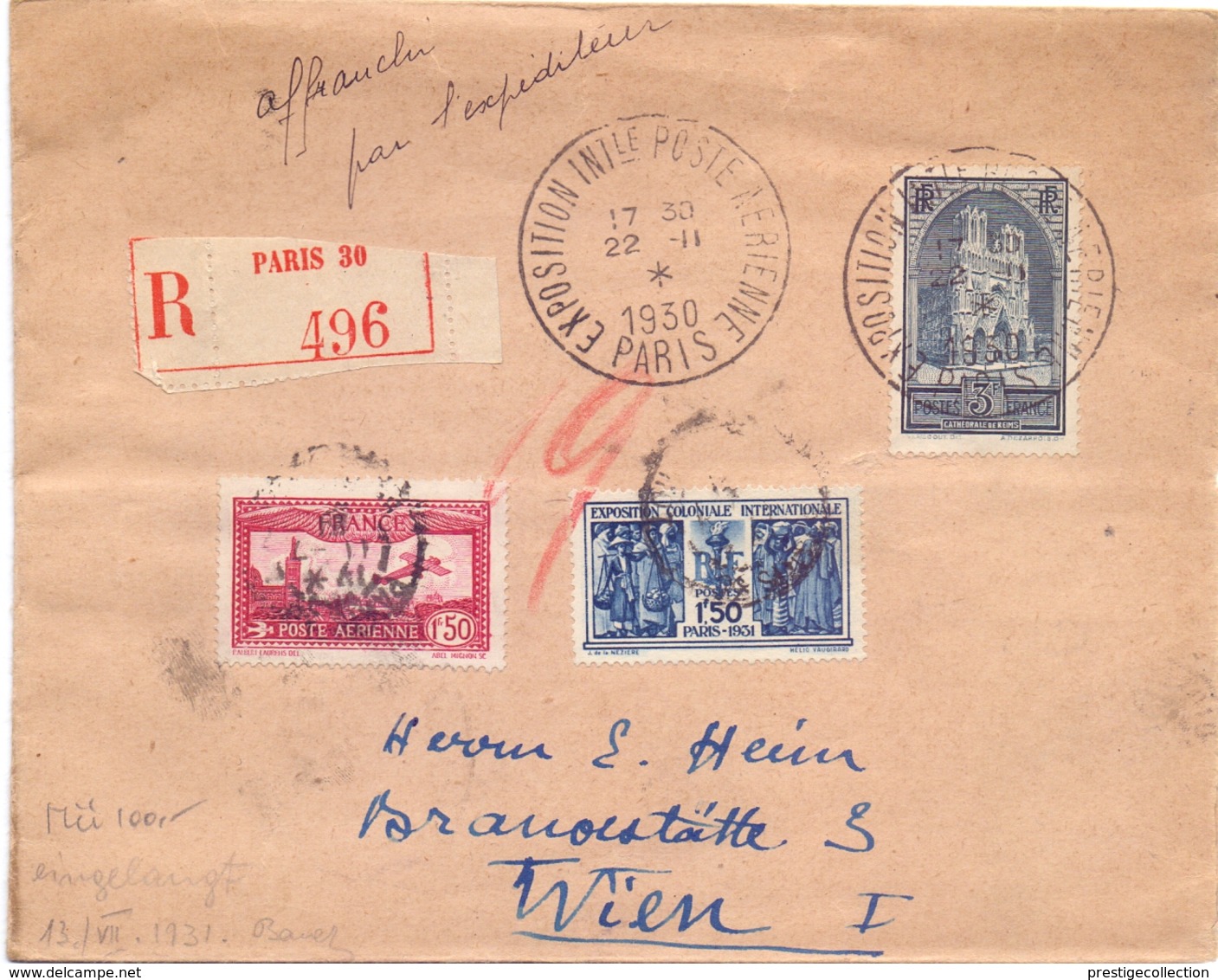 PARIS EXPOSITION INTERNATIONAL1930 POSTE AERIENNE REGISTRED MAIL   (FEB200137) - Esposizioni Filateliche