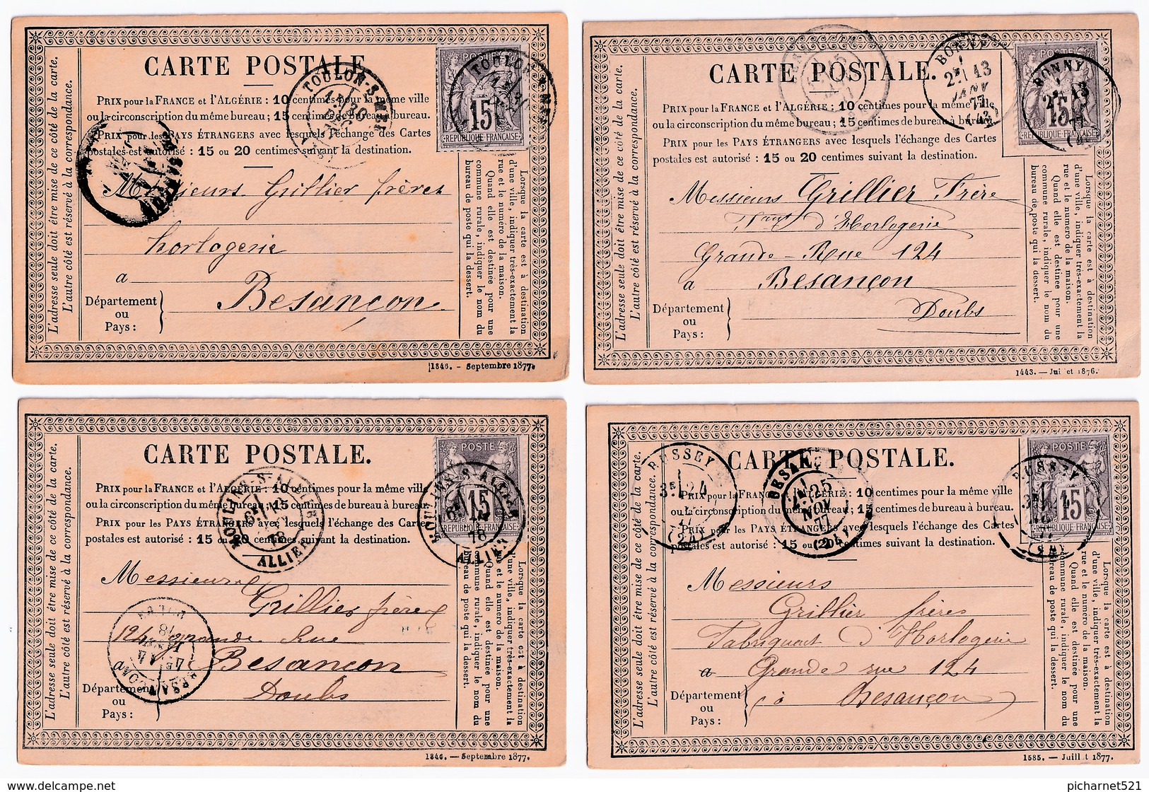 8 Cartes Précurseur Pour Les Ets GRILLIER, Fabriquant D'horlogerie à Besançon. 1876, 77, 78. 9 Scan. - Besancon