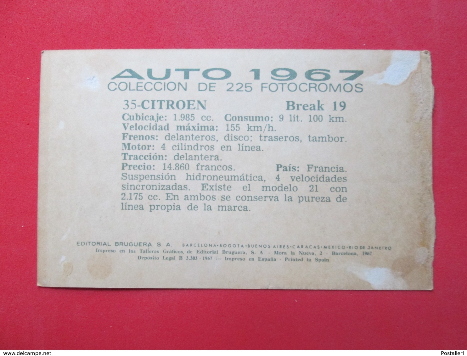 Trading Card (Cromo) - Citroën Break 19 - Nº 35 - Col. Autos 1967 - Ed. Bruguera 1967 - (Spain) / France - KFZ