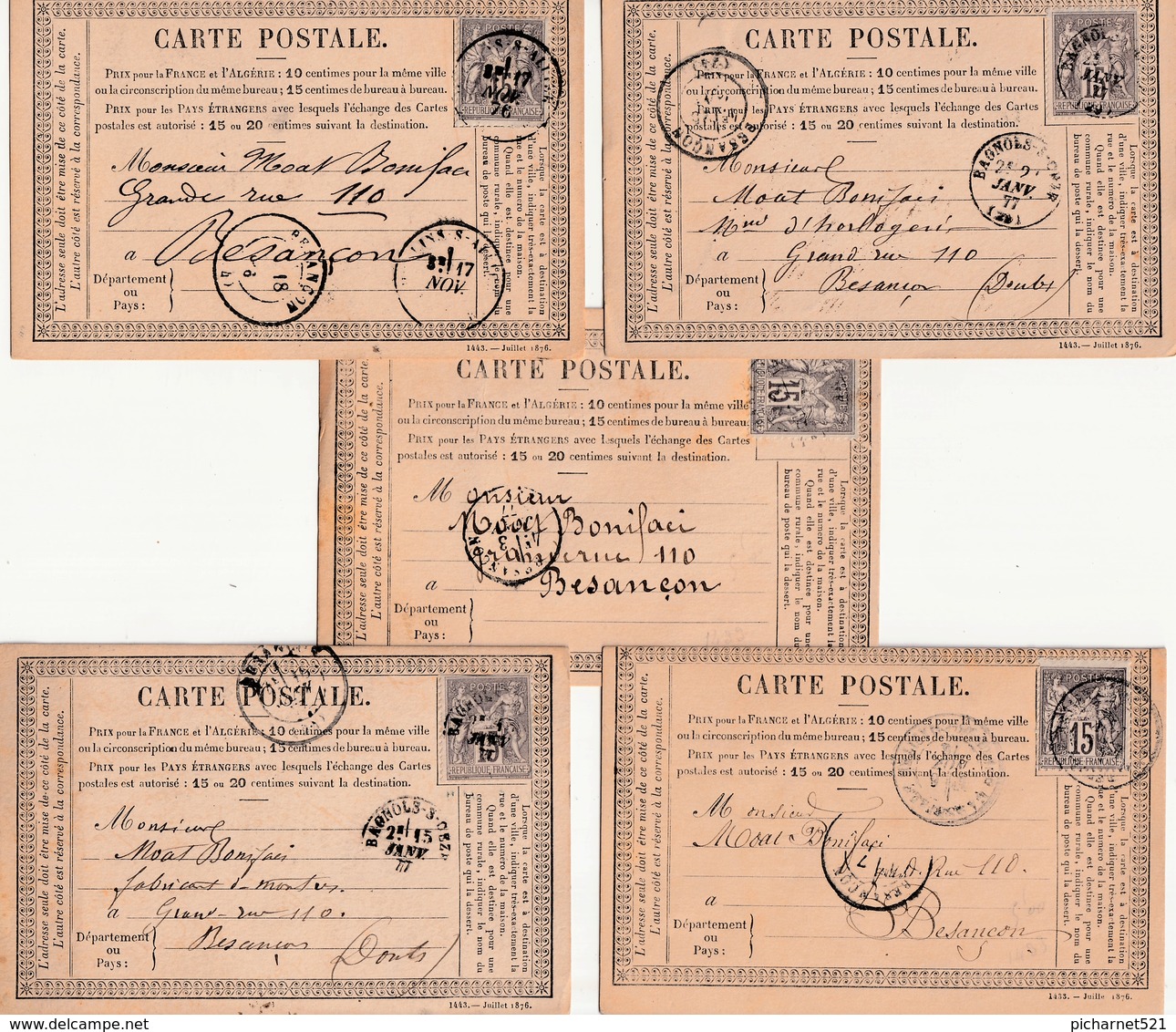 5 Cartes Précurseur Pour Les Ets MOAT Boniface, Fabriquant D'horlogerie à Besançon. 1876, 77, 78. 7 Scan. - Besancon