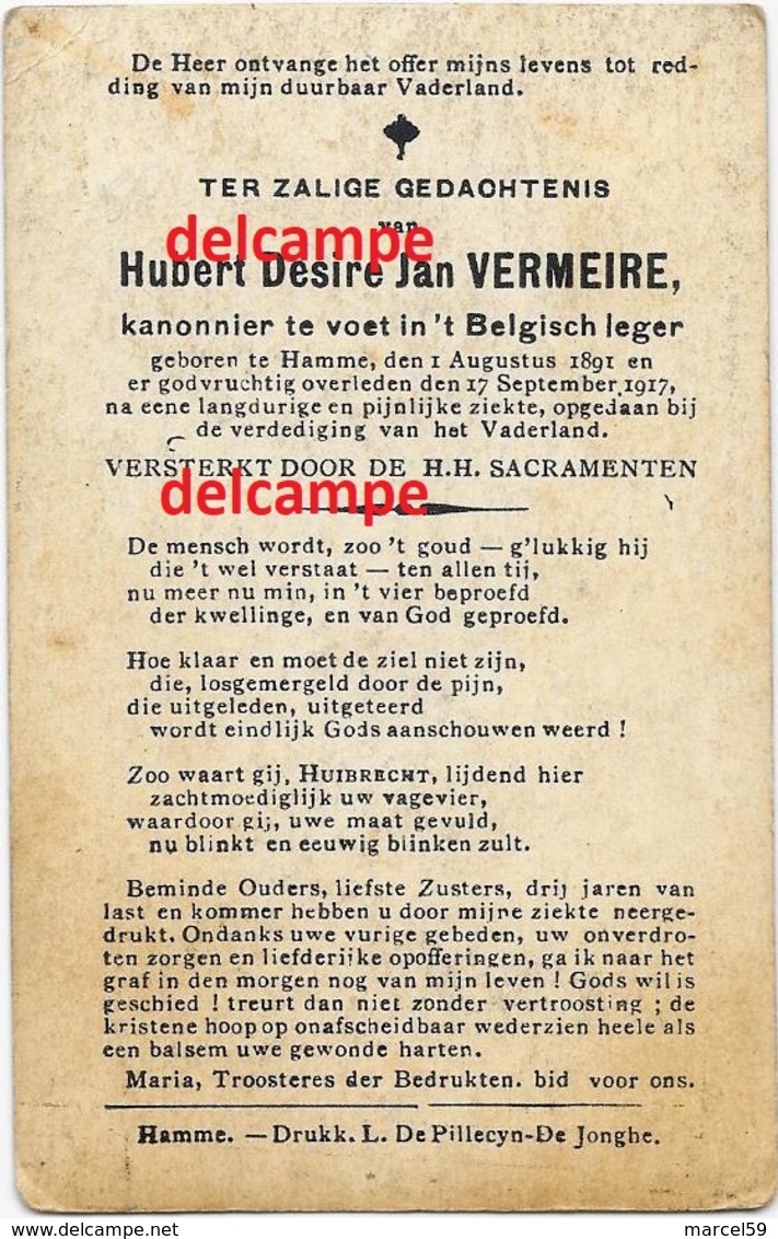 Oorlog Guerre Hubert Vermeire Hamme Soldaat Vestingsarttilerie Gesneuveld September 1917 Doodsprentje Bidprentje - Images Religieuses