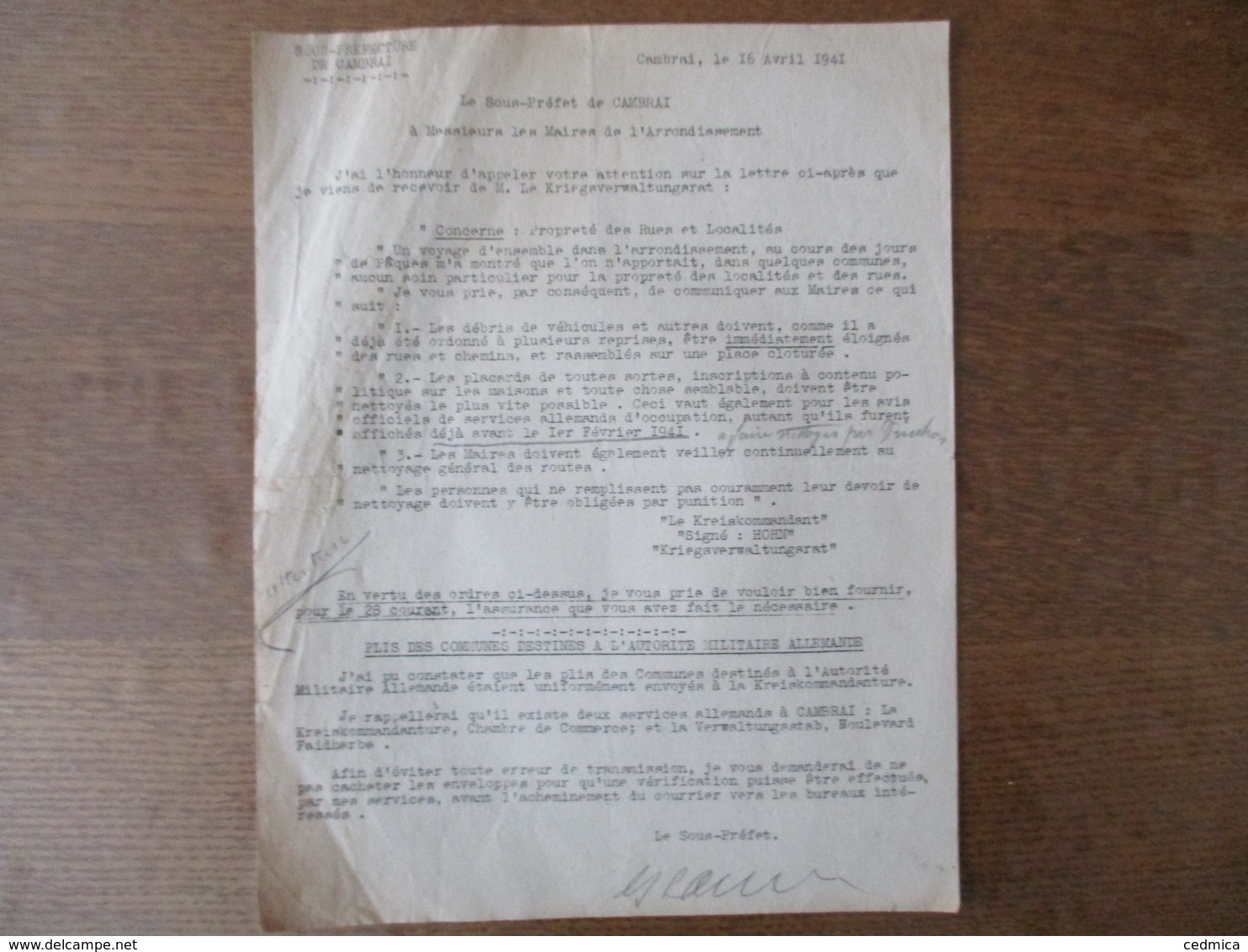 CAMBRAI LE 16 AVRIL 1941 NOTE DU SOUS-PREFET AU SUJET D'UNE LETTRE RECUE DE M. LE KRIEGSVERWALTUNGSRAT HOHN - Historische Dokumente