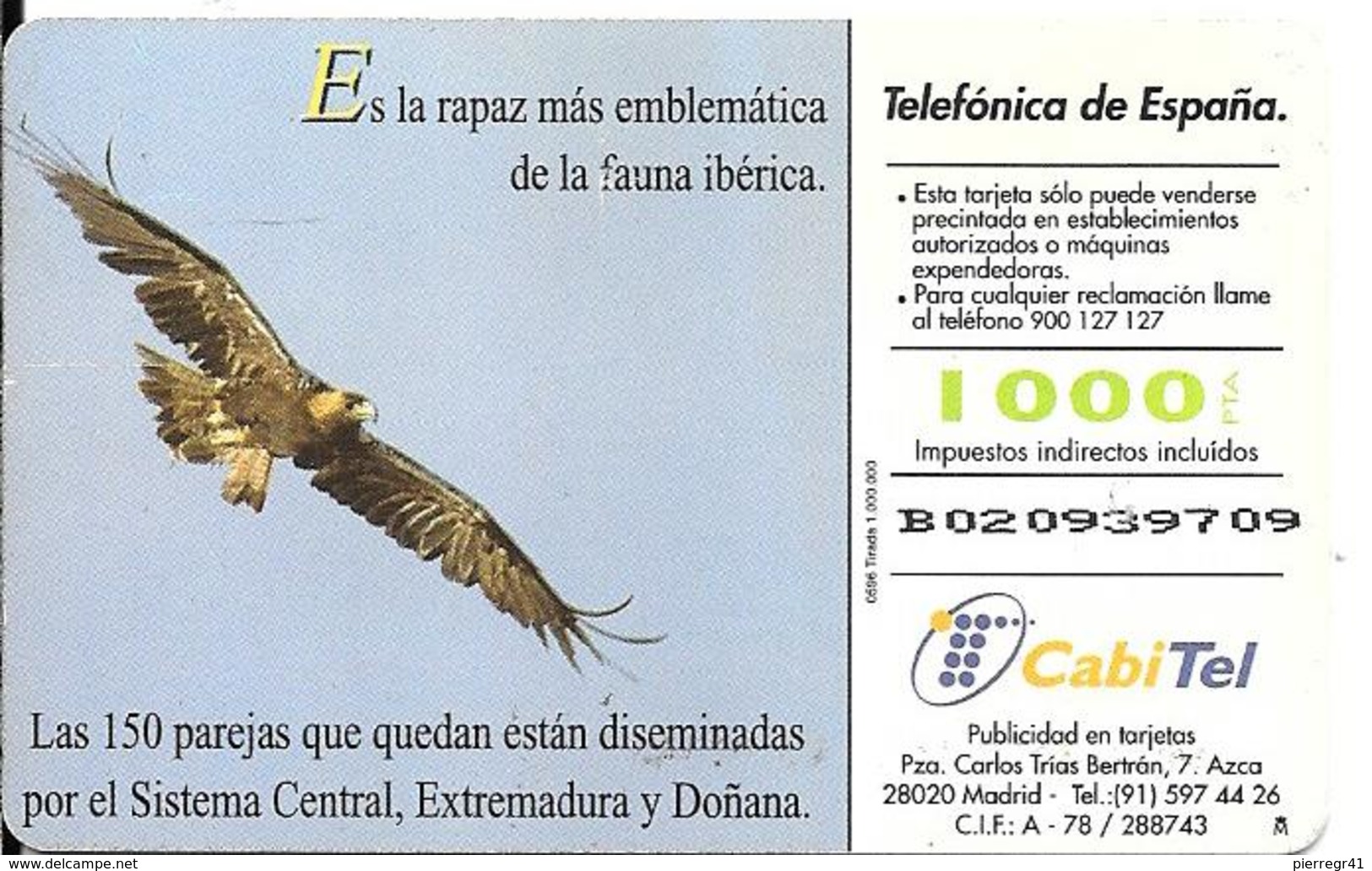 CARTE-PUCE-ESPAGNE-Solaic-05/96-AIGLE IMPERIAL-TBE- - Águilas & Aves De Presa