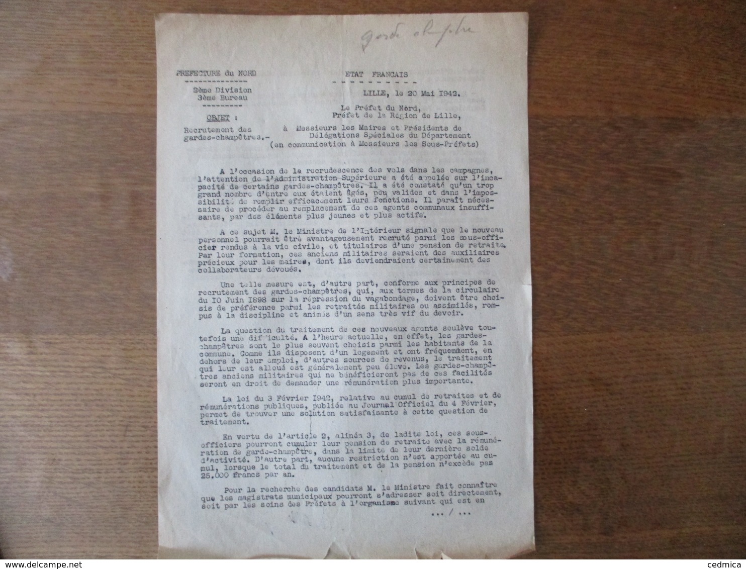 ETAT FRANCAIS LILLE LE 20 MAI 1942 NOTE DU PREFET DU NORD F. CARLES OBJET: RECRUTEMENT DES GARDES-CHAMPÊTRES - Historische Dokumente