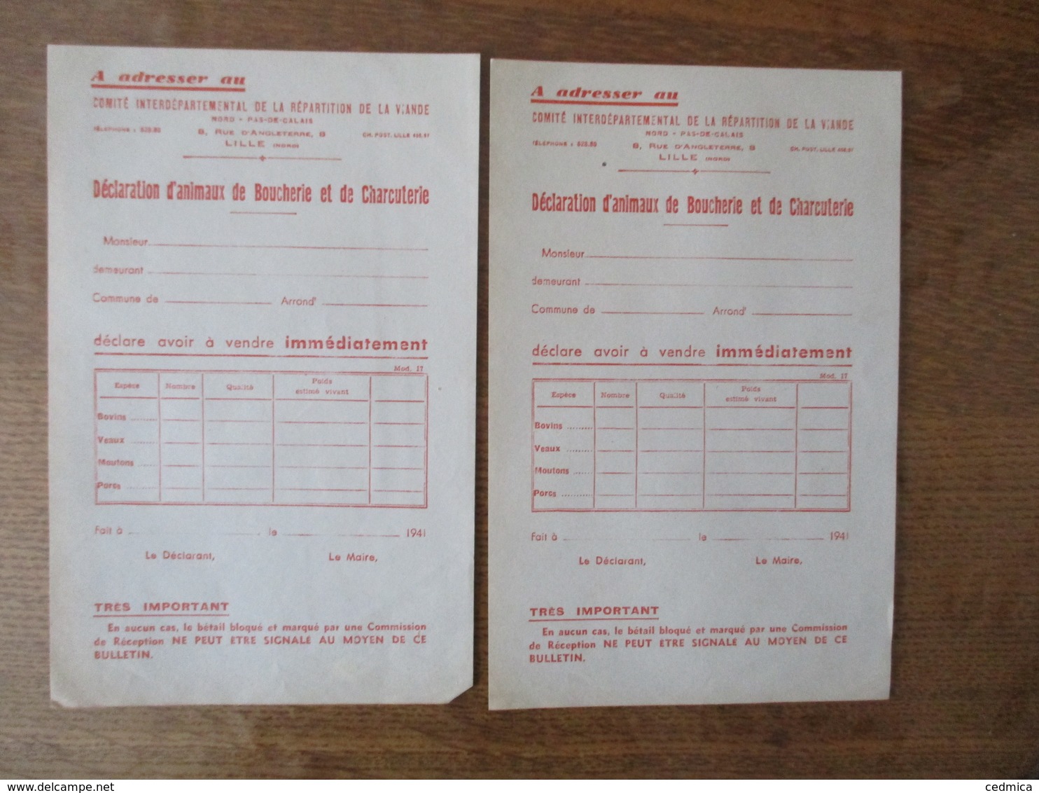 COMITE INTERDEPARTEMENTAL DE LA REPARTITION DE LA VIANDE DECLARATION D'ANIMAUX DE BOUCHERIE ET DE CHARCUTERIE 1941 LE MA - Documents Historiques