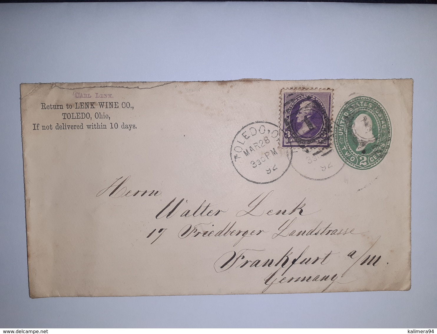 USA  /  Entier  Postal  2 Cents Vert /  Cachet  Carl LENG à TOLEDO Ohio (1892 ) - ...-1900