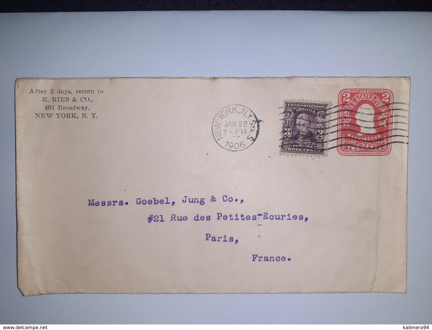 USA  /  Entier  postal  2 cents rose  /  Cachet  E. RIES & CO. à NEW YORK ( 1906 )