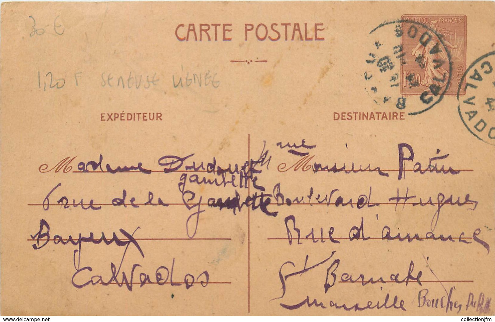 MARCOPHILIE ENTIER POSTAL Sur CPA / 1.20F Semeuse Lignée - Altri & Non Classificati