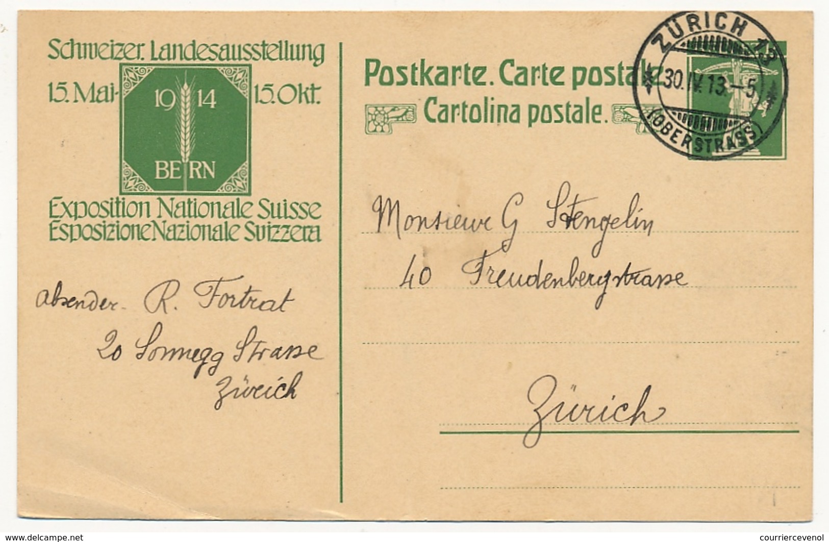 SUISSE - Carte Postale (Entier) - Exposition Nationale Suisse 1914 - Oblitérée Zürich - Enteros Postales