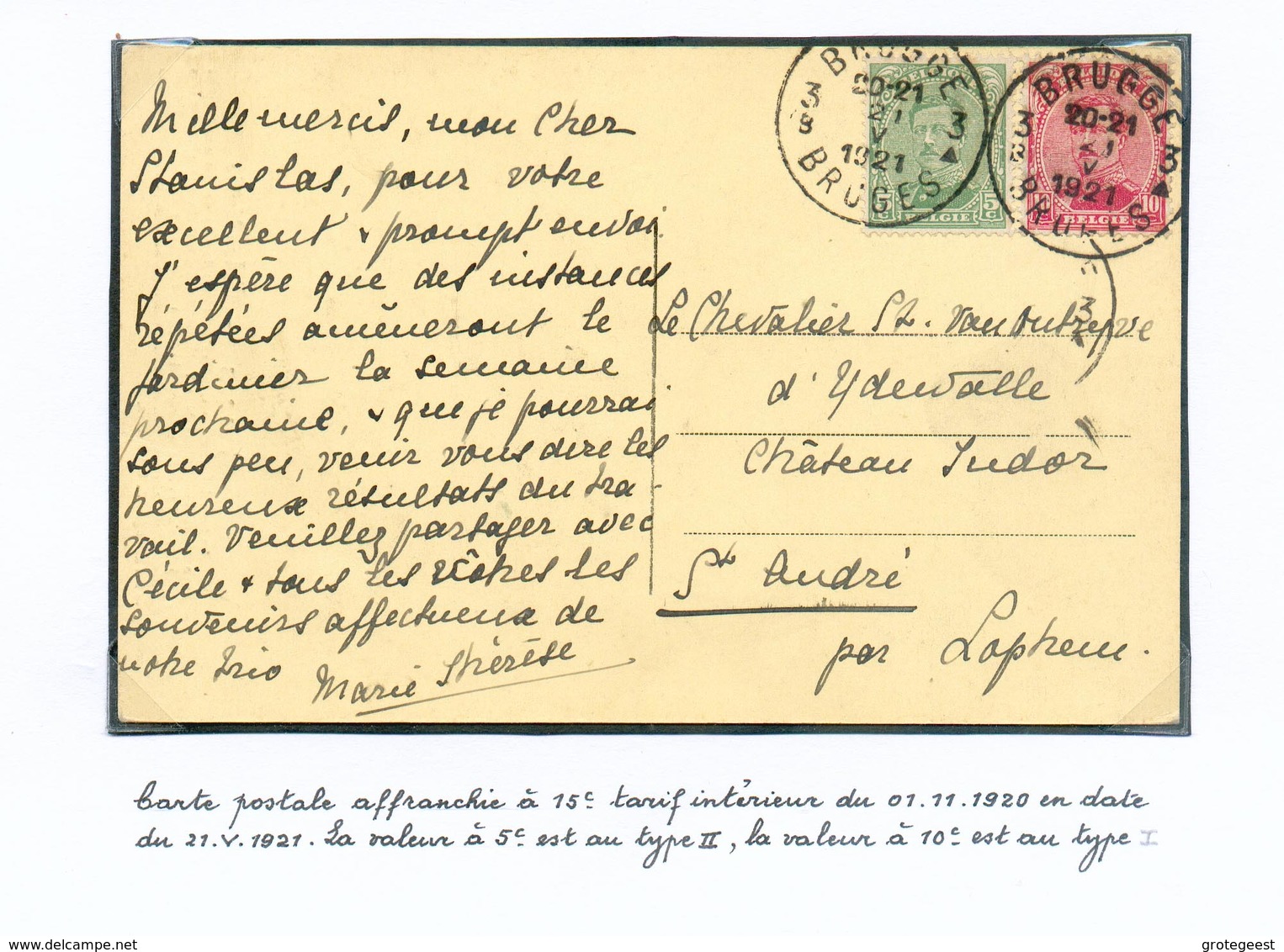 N°137/8 Obl. Sc BRUGGE 3 Sur C.V. Du 21-V-1921;  Tarif Intérieur Du 01.11.1920 De 15c. Le 137 Est Au Type II, Le 10 Cent - 1914-1915 Cruz Roja