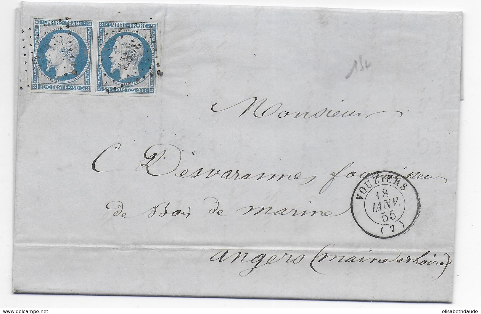 ARDENNES - 1855 - LETTRE De VOUZIERS Avec T15 + PC 3683 - PAIRE EMPIRE TB - 1849-1876: Classic Period