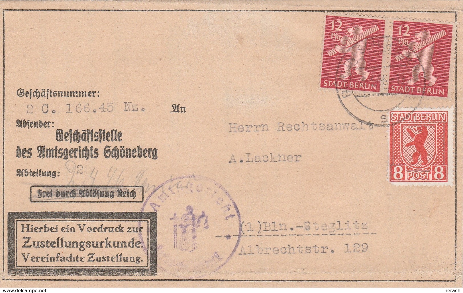 Allemagne Berlin Lettre Berlin-Schöneberg Thème Ours 1946 - Altri & Non Classificati