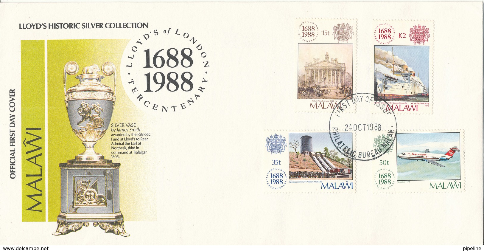 Malawi FDC 24-10-1988 Lloyds Historic Silver Collection Complete Set Of 4 With Cachet - Malawi (1964-...)