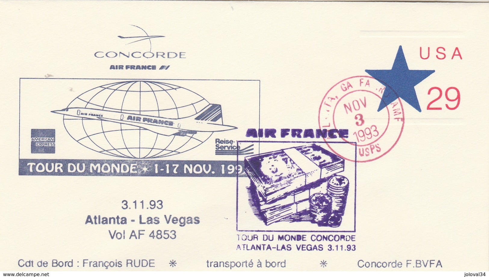 Avion CONCORDE F BVFA - Tour Du Monde 1 Au 17/11/1993 -  ATLANTA LAS VEGAS 3/11/1993 - Concorde