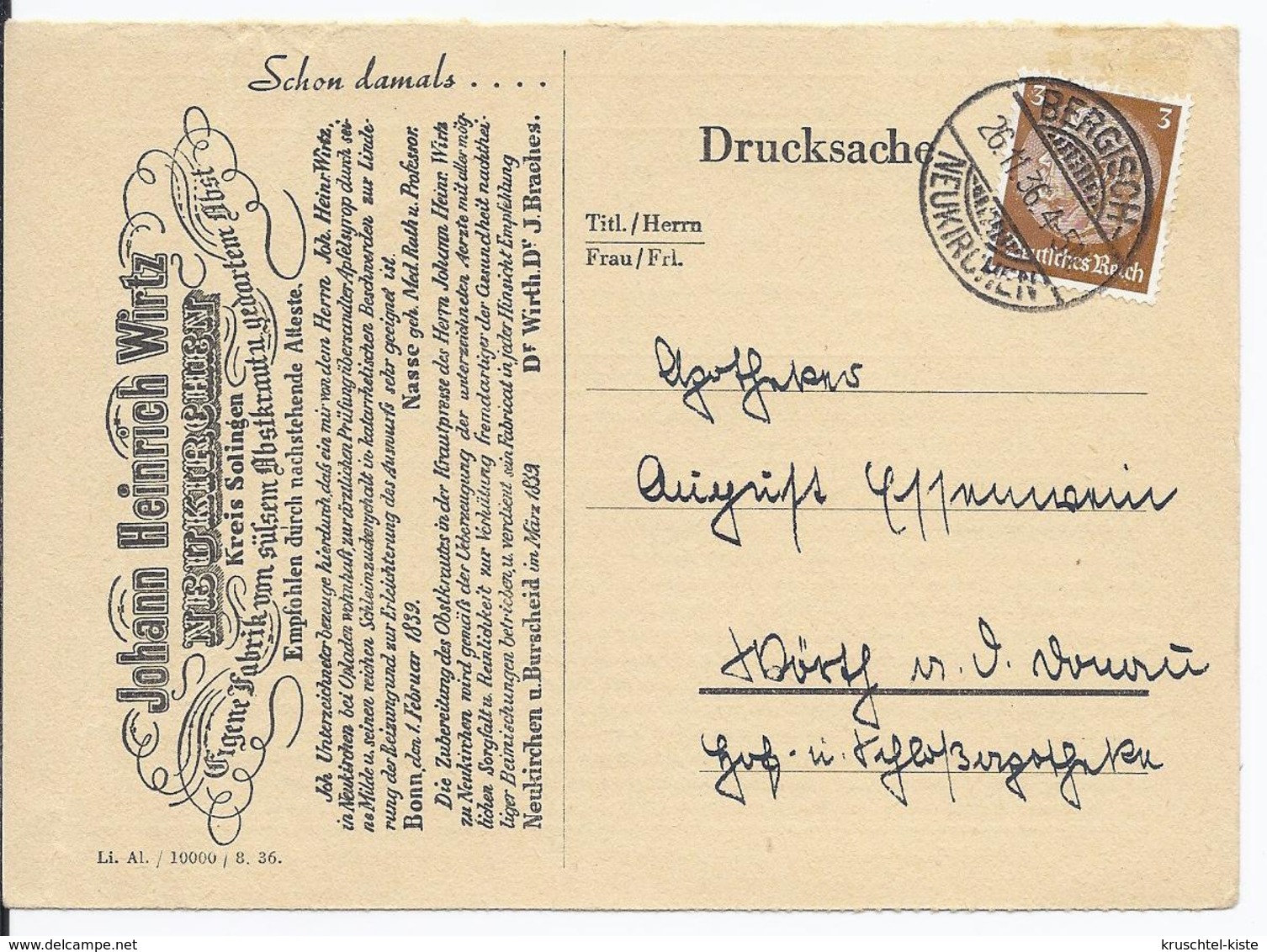 Dt.- Reich (002784) Firmenpostkarte Johann Heinrich Wirtz, Neukirchen, Gelaufen Als Drucksache Am 26.11.1936 - Storia Postale