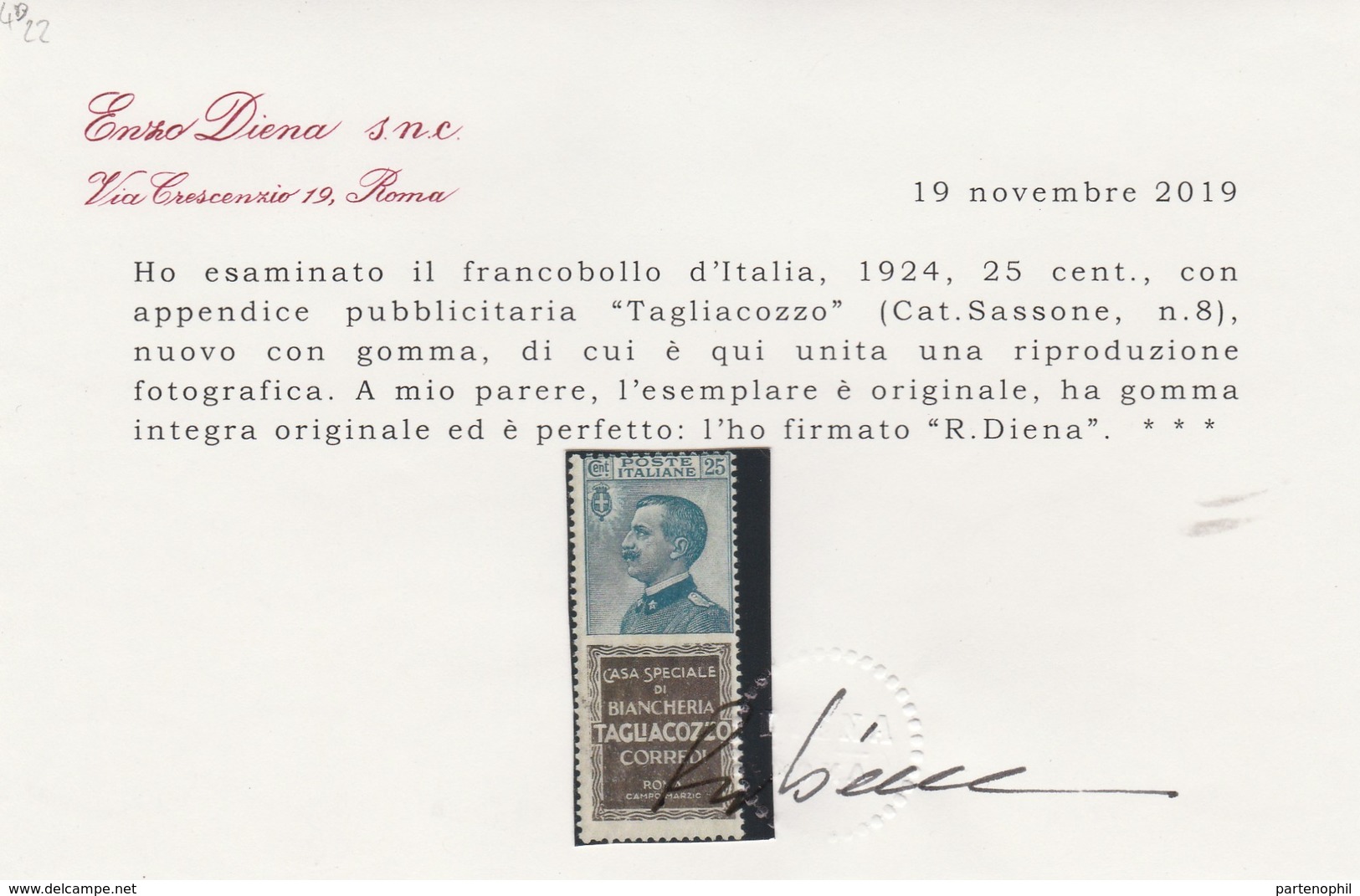 Italia Regno - Pubblicitari - 149 ** 1924-25 - 25 C. Tagliacozzo N. 8. Cat. € 3000,00. Cert. E. Diena. SPL - Pubblicitari