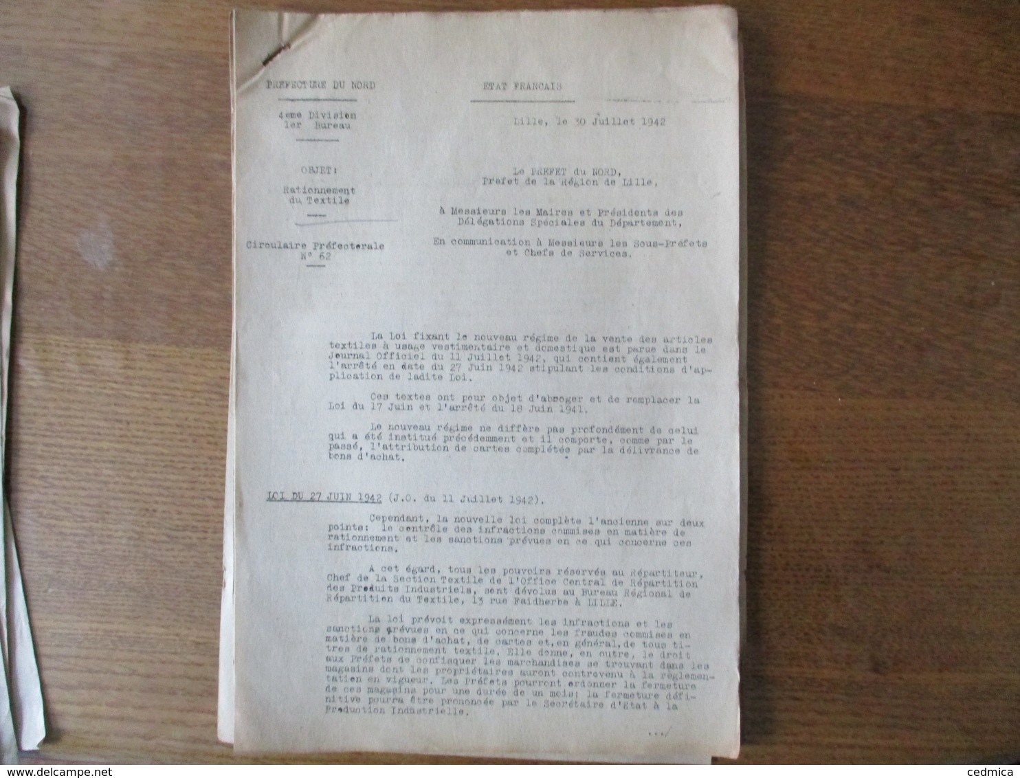 ETAT FRANCAIS LILLE LE 30 JUILLET 1942 LE PREFET DELEGUE DARROUY CIRCULAIRE RATIONNEMENT DU TEXTILE 32 PAGES - Documents Historiques