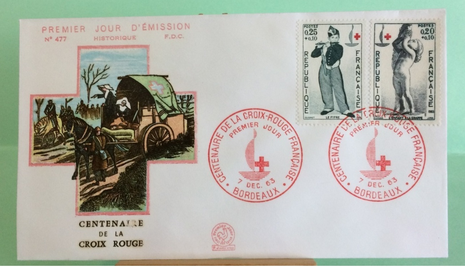 Centenaire De La Croix Rouge (n°477)- Bordeaux- 7.12.1963 -FDC 1er Jour Coté 5€ - 1960-1969