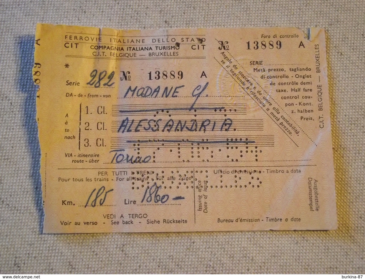 Ferrovie Italiane Dello Stat, CIT, Bruxelles , Billet Modane/ Alessandria, 1954 - Europe